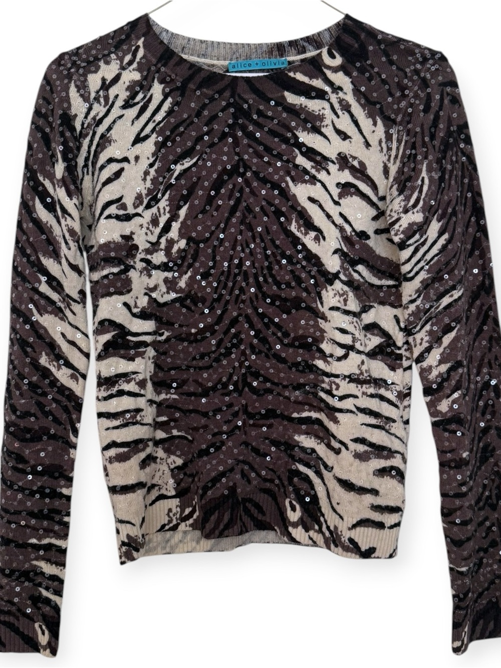 Alice + Olivia Brown Zebra Print Sequined Long Sleeve Top Size XS Wool Blend - Picture 1 of 3